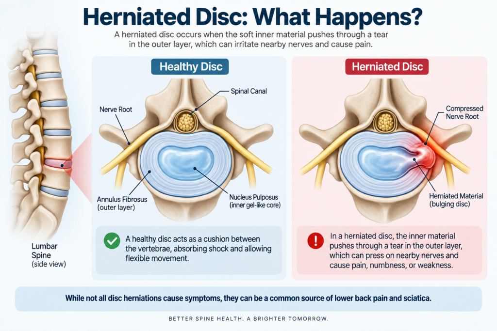 Healthy and herniated disc comparison showing nerve compression